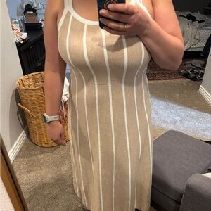 Chic Tan and White Striped Midi Dress